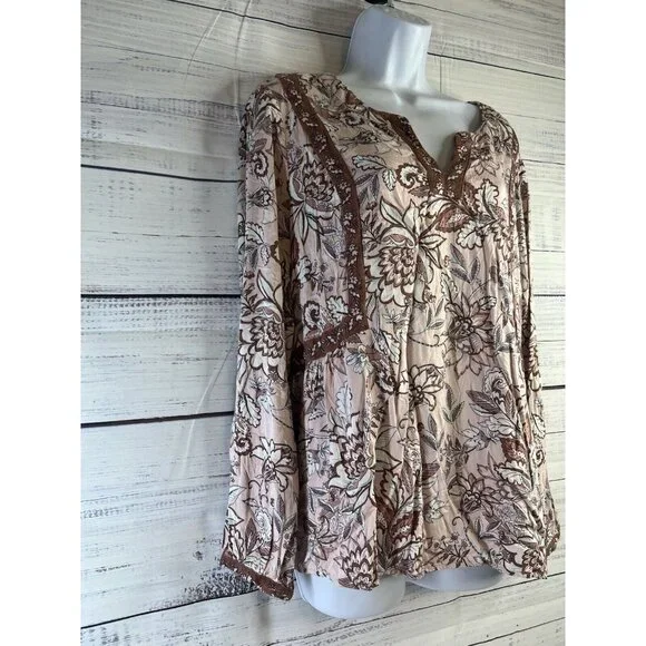 J Jill Women's L Tunic Blouse Long Sleeve Lace Floral Split V-Neck Pink/Brown - Picture 2 of 11